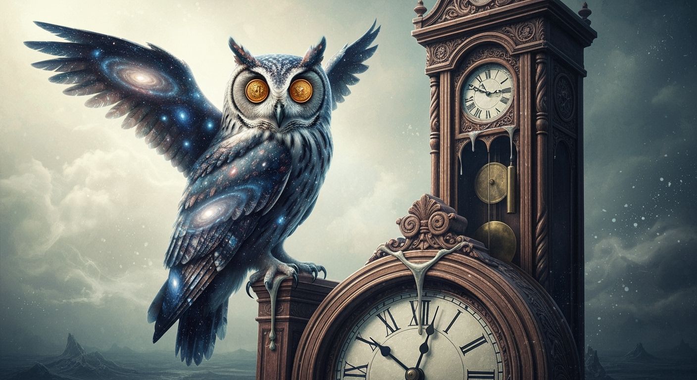 Galactic Owl on Melting Clock in Surreal Landscape