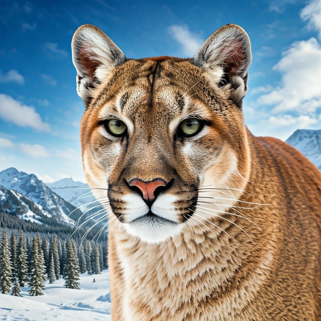 Majestic Tawny Mountain Lion Silhouetted against Winter Sky