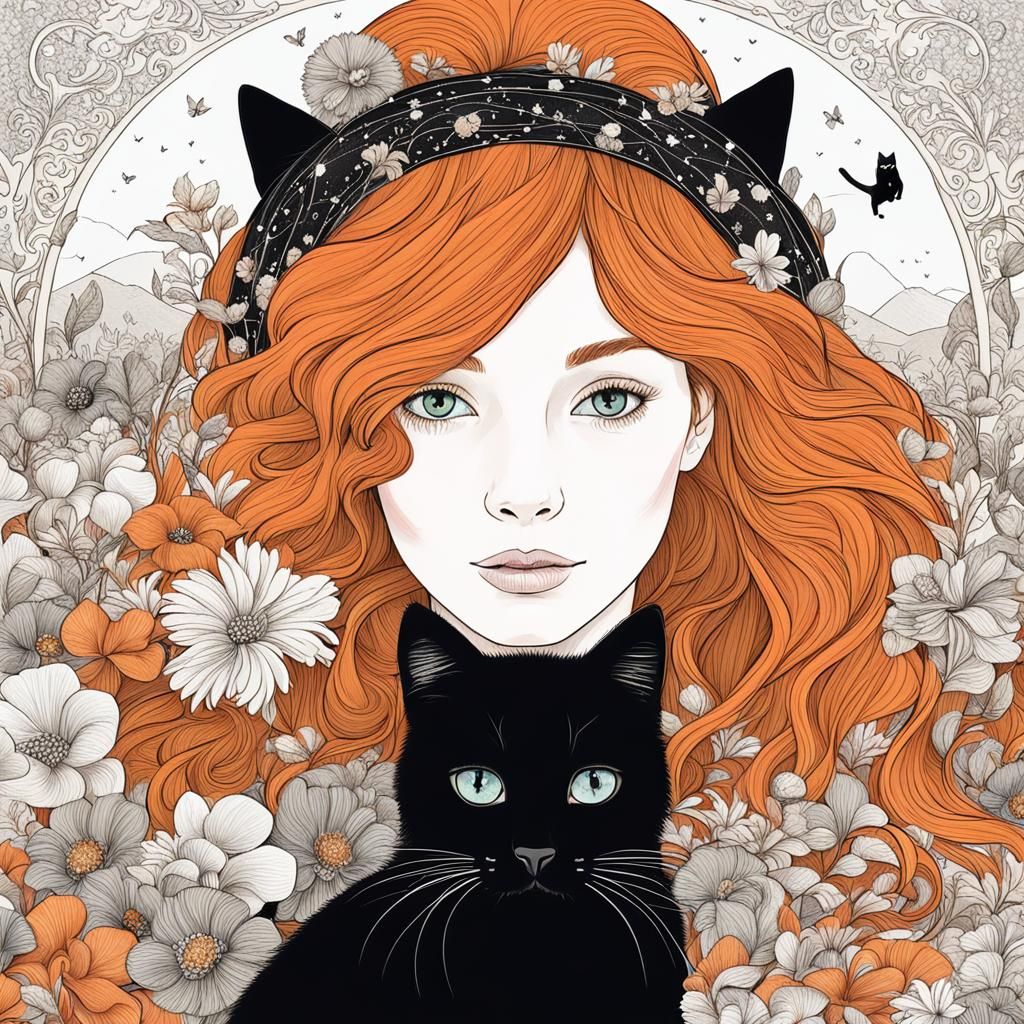 Dreamy Ginger Woman with Black Cat