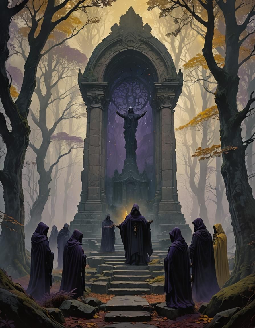 Hooded Figures at Altar in Dark Fantasy Style