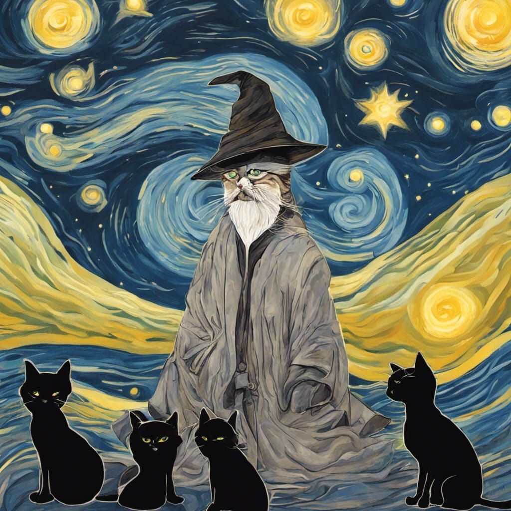 Cat Wizard Surrounded by Black Cats in Van Gogh Style