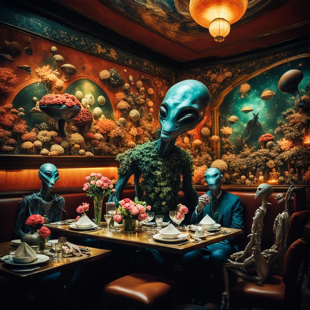 Surreal Restaurant Scene with Exotic Aliens