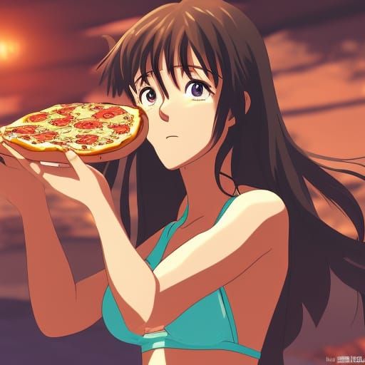 Anime Bikini Girl Eating Pizza, Studio Ghibli Style