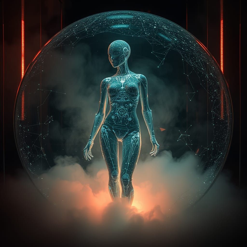 Bioluminescent Cyborg Figure Trapped in Glass Sphere