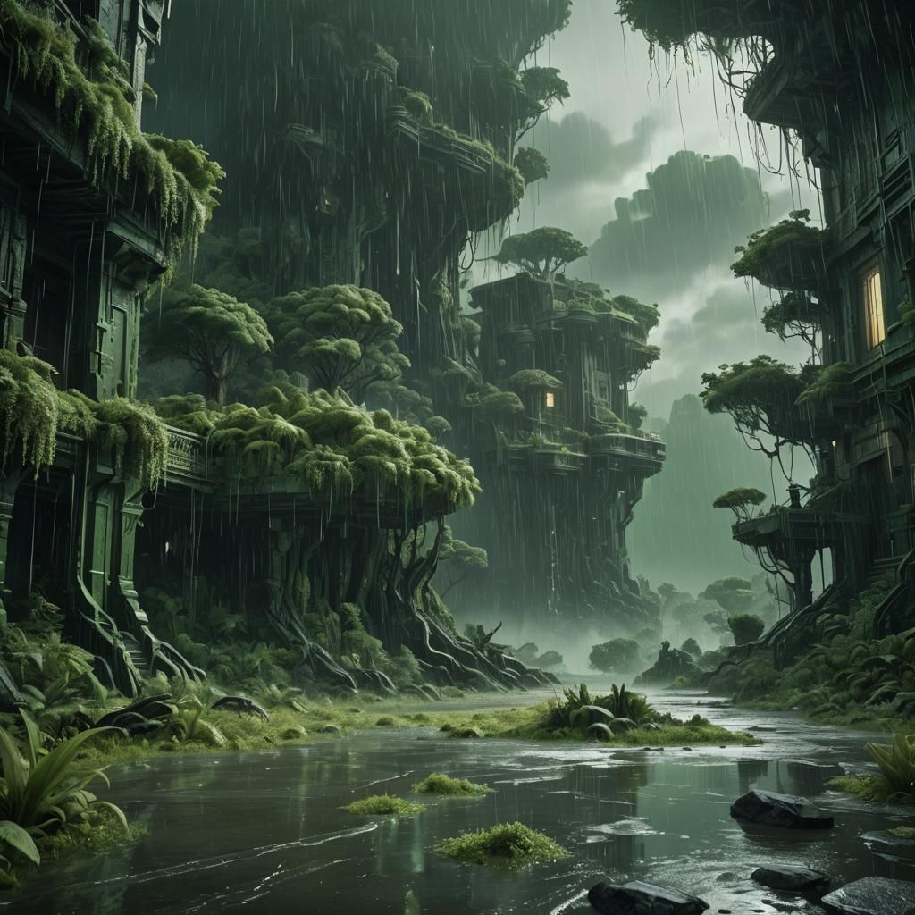 Monochromatic Green Rainstorm: Detailed Matte Painting
