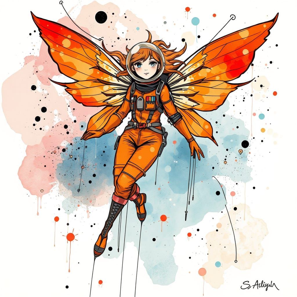 A space fairy in a burnt orange spacesuit