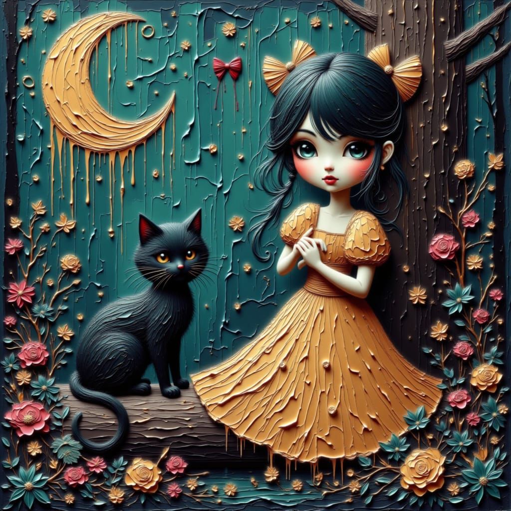 Moon Fairy with Cat in Colorful 3D Oil Style