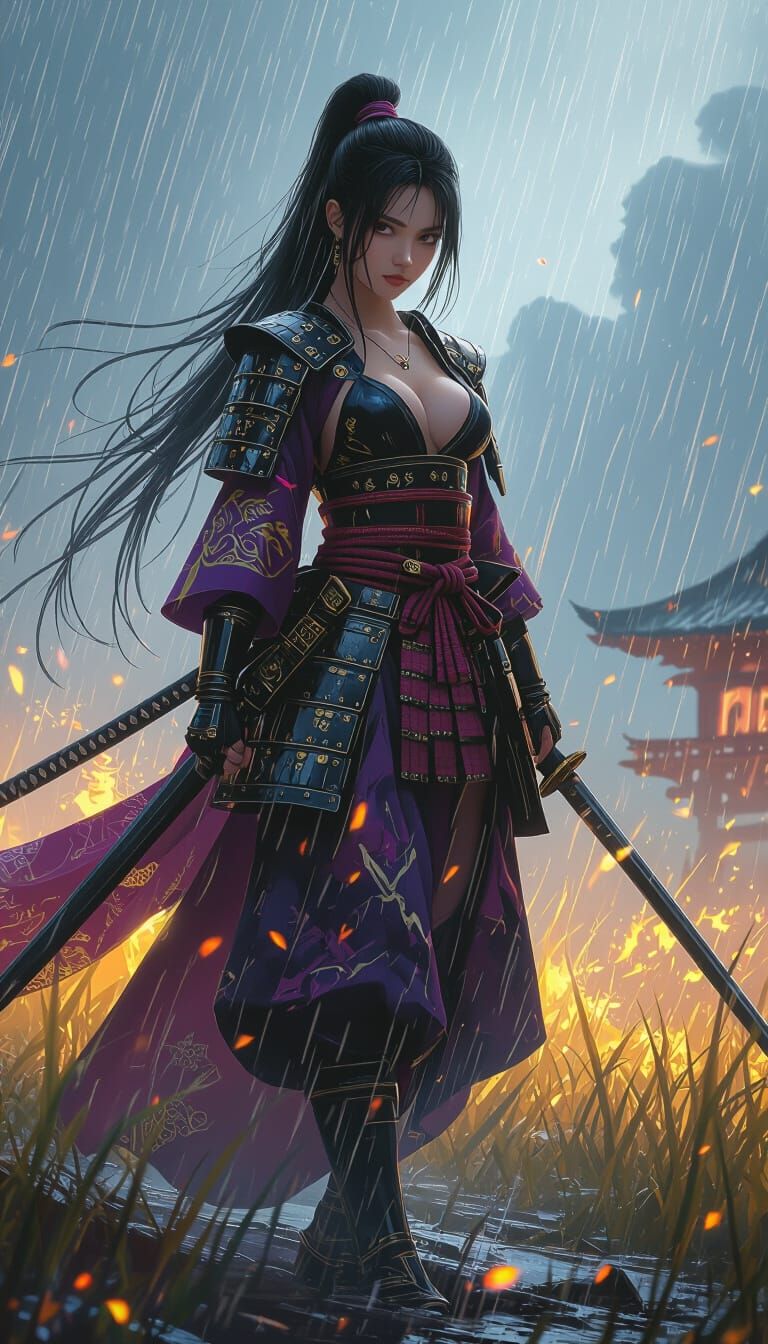 Samurai Girl in Rainy Battlefield, Dark Fantasy Art