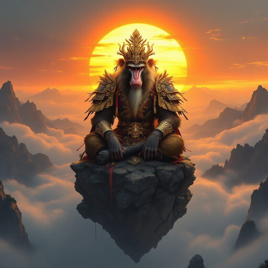 Mandrill Meditating at Sunrise in Ancient China