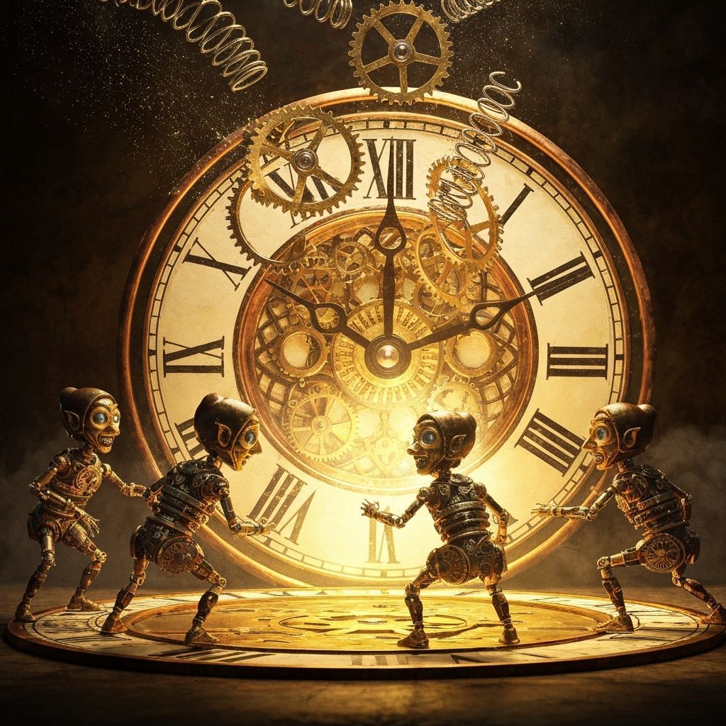 Steampunk Elves Shatter Clock Face in Golden Light