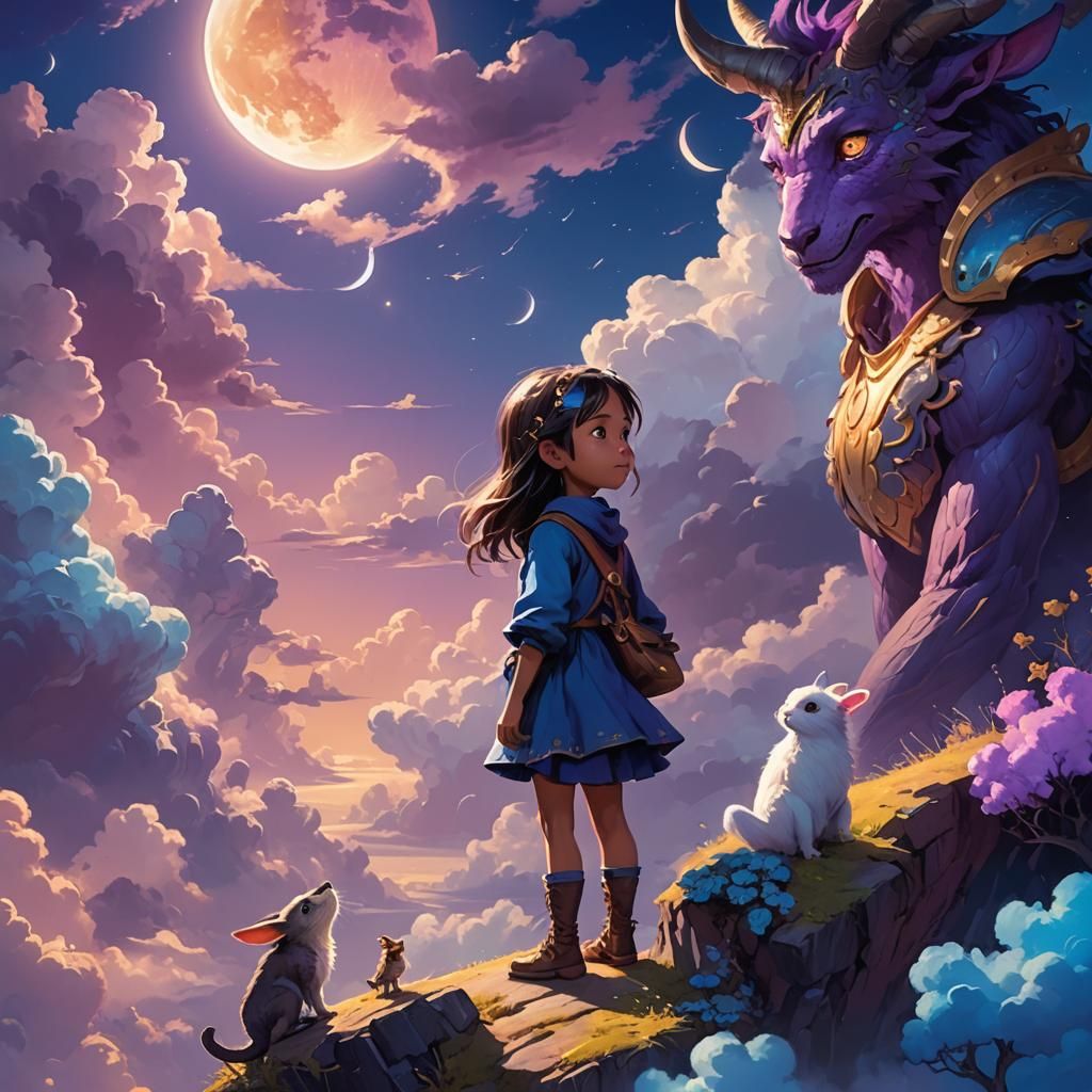 Fantasy Kid and Creature in Moonlit World