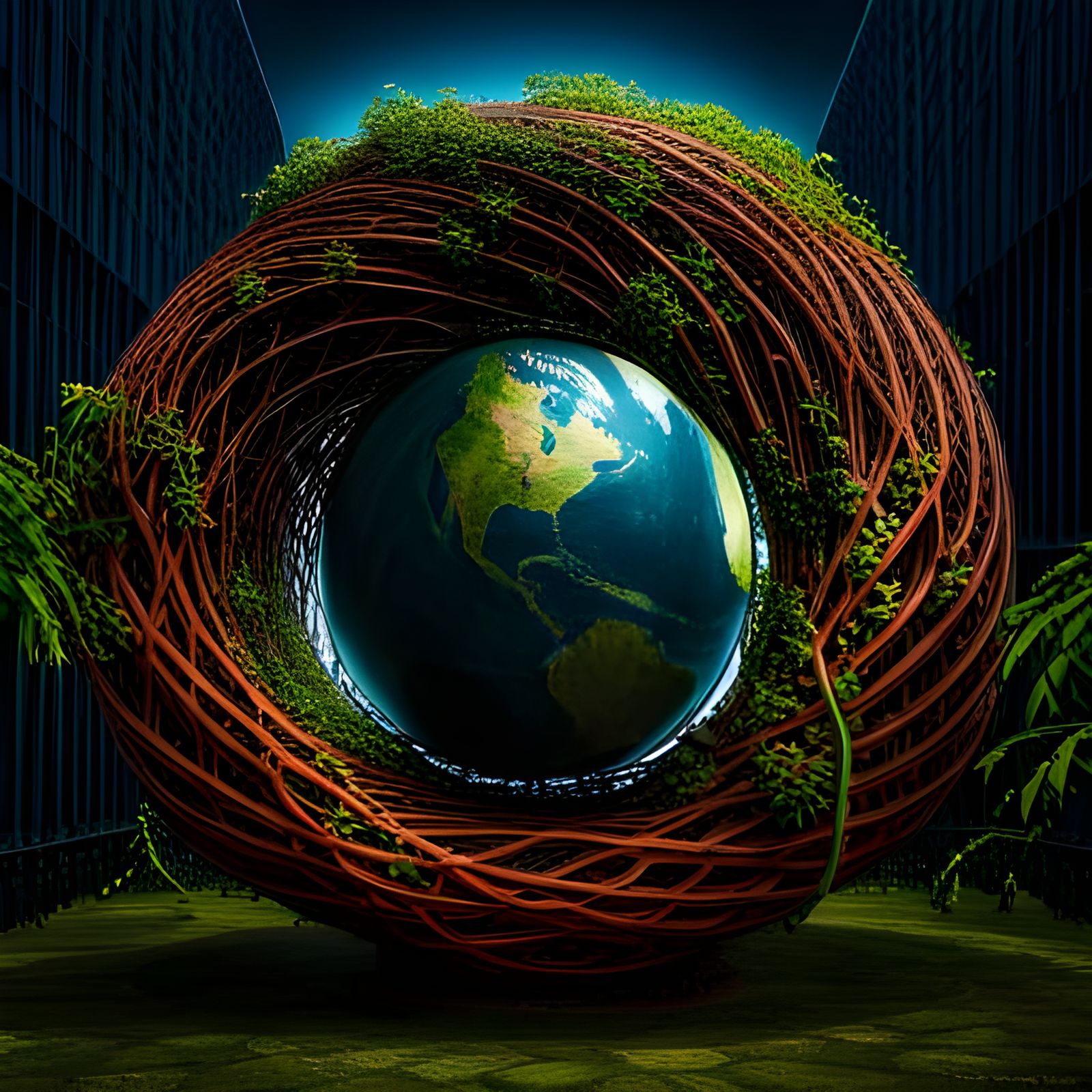 Green Vines Enveloping Rusted Metal Globe