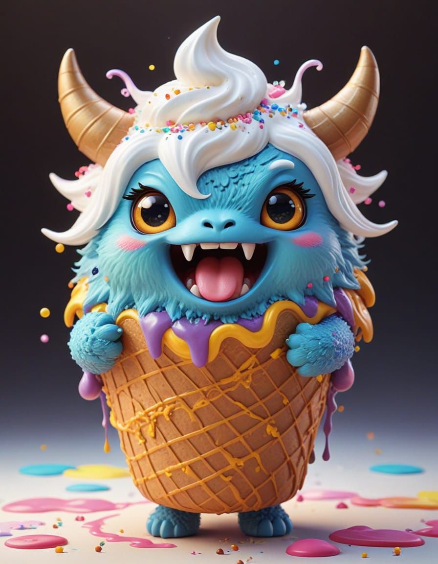Kawaii Monster Enjoys Sweet Treat in Vibrant, Cartoonish Sty...