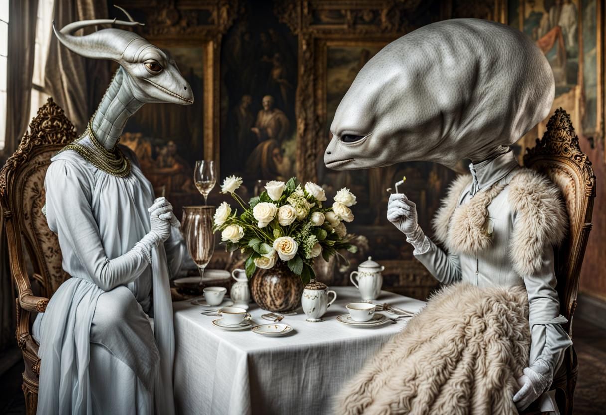 Surreal Alien Celebration in Restaurant, Magical Realism