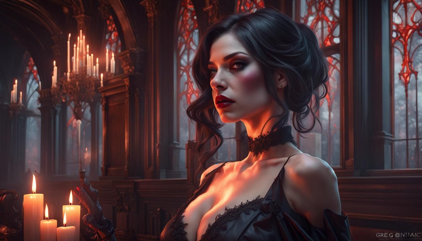 Sensual Vampire Brunette in Gothic Setting