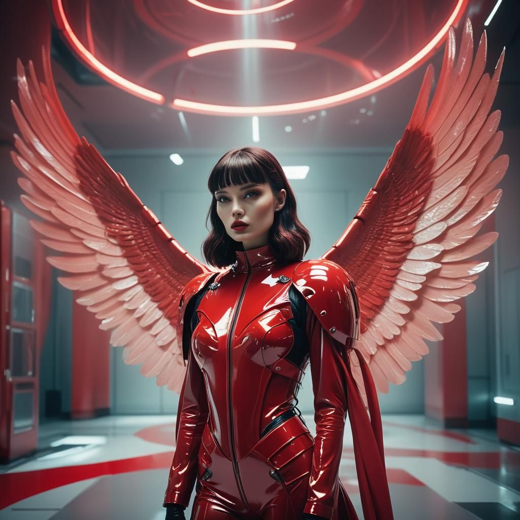 Futuristic Red Fashion with Angel Wings