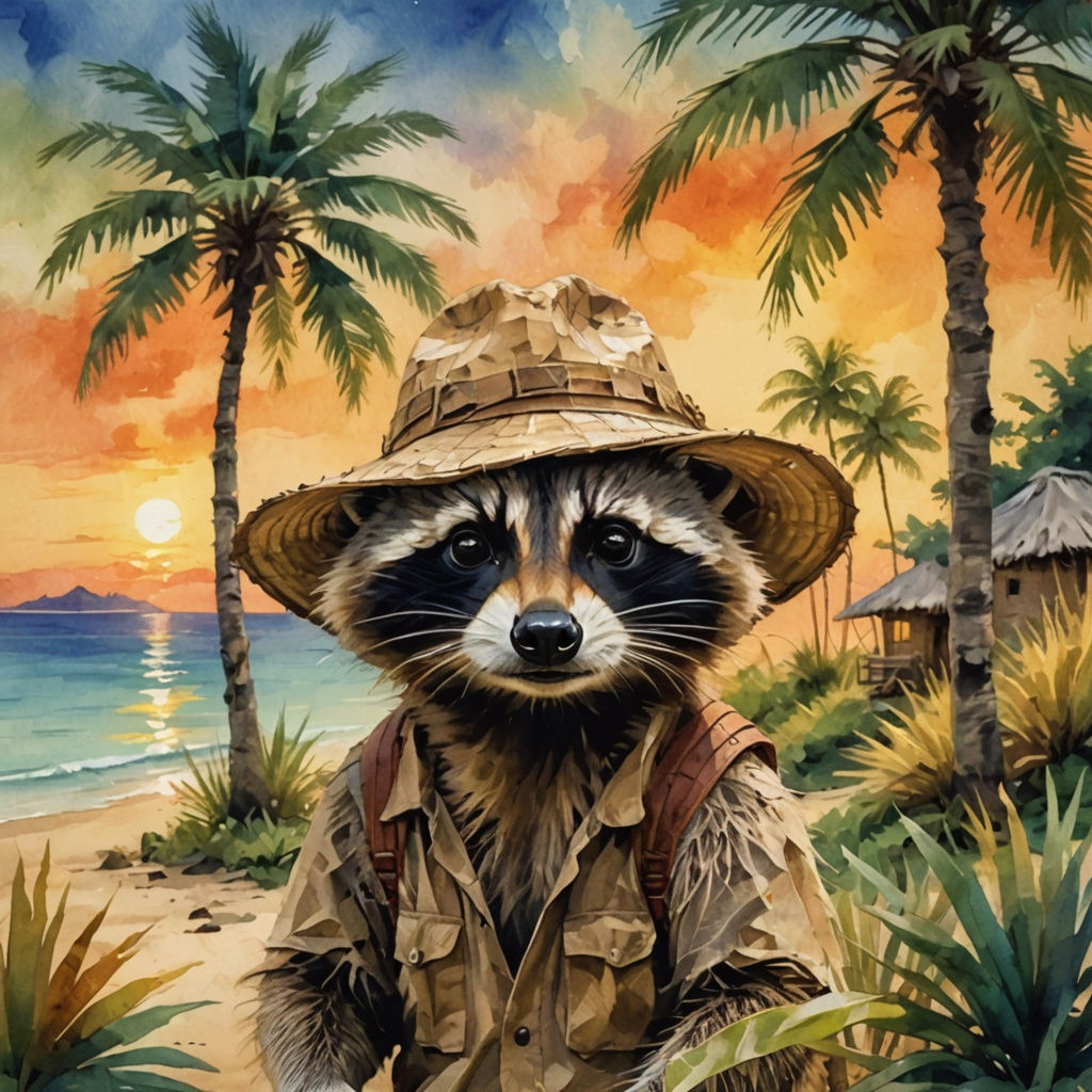 Adventurous Raccoon Castaway on Deserted Island