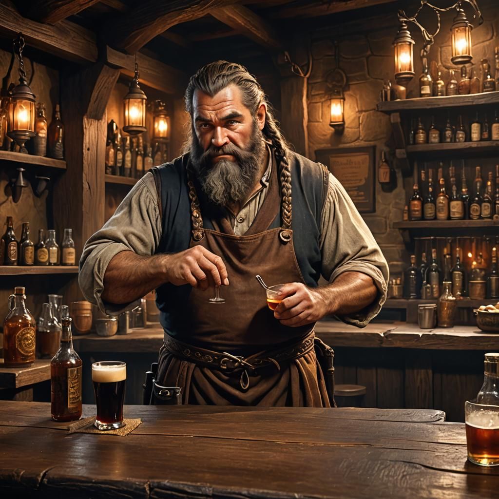 a stout, gruff, muscular dwarf man with a braided beard and ...