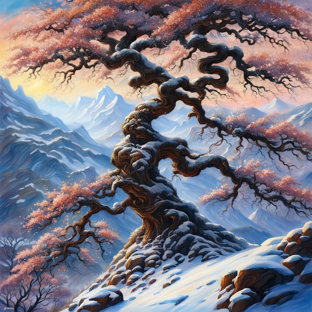 Samurai Silhouette Under Snow-Kissed Mountain Tree