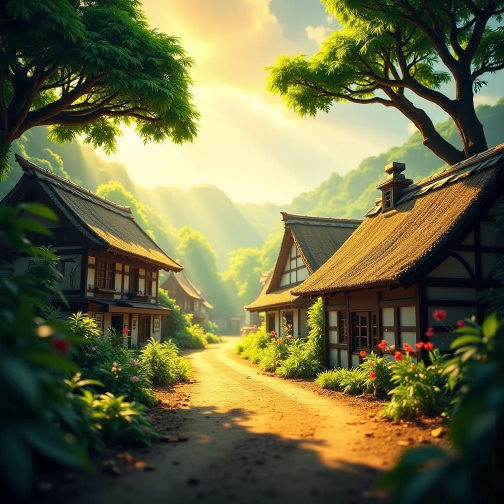 Vibrant Japanese Countryside in Cyberpunk Fantasy Style