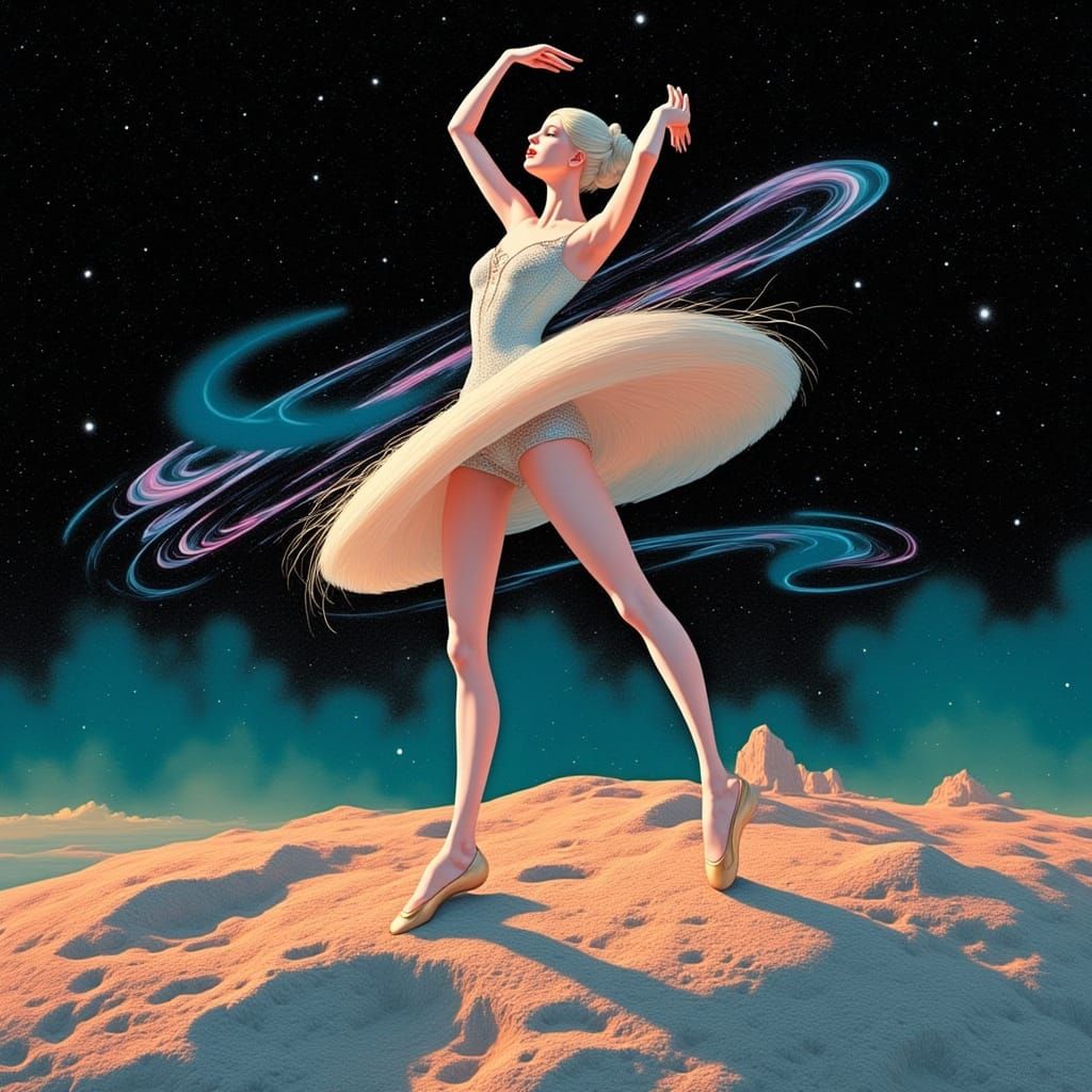 Ballerina on a Glowing Moon in Retro Futuristic Style
