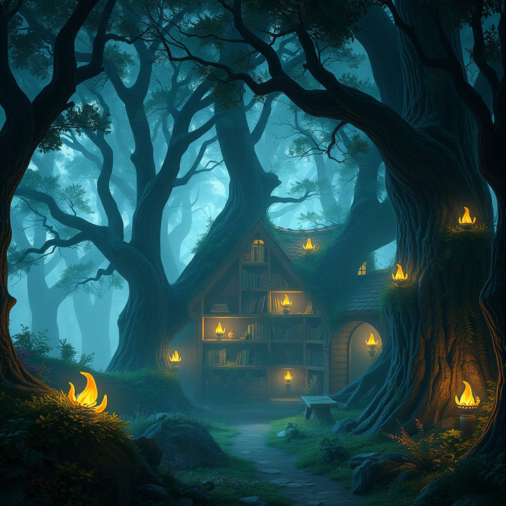 Ethereal Fairy Library in Forest: Fantasy Concept Art