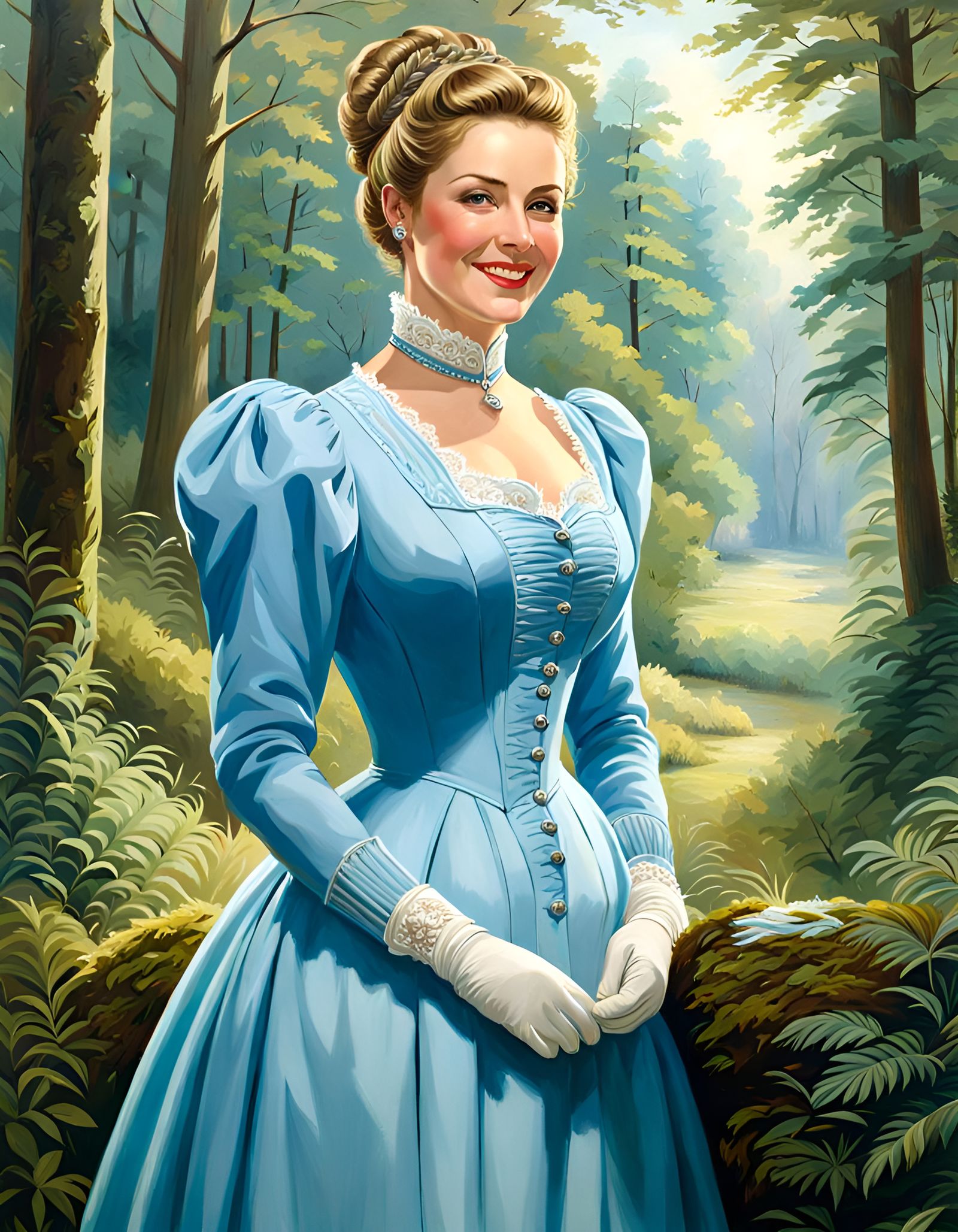 Victorian Woman in Lush Forest, Oil Painting Style