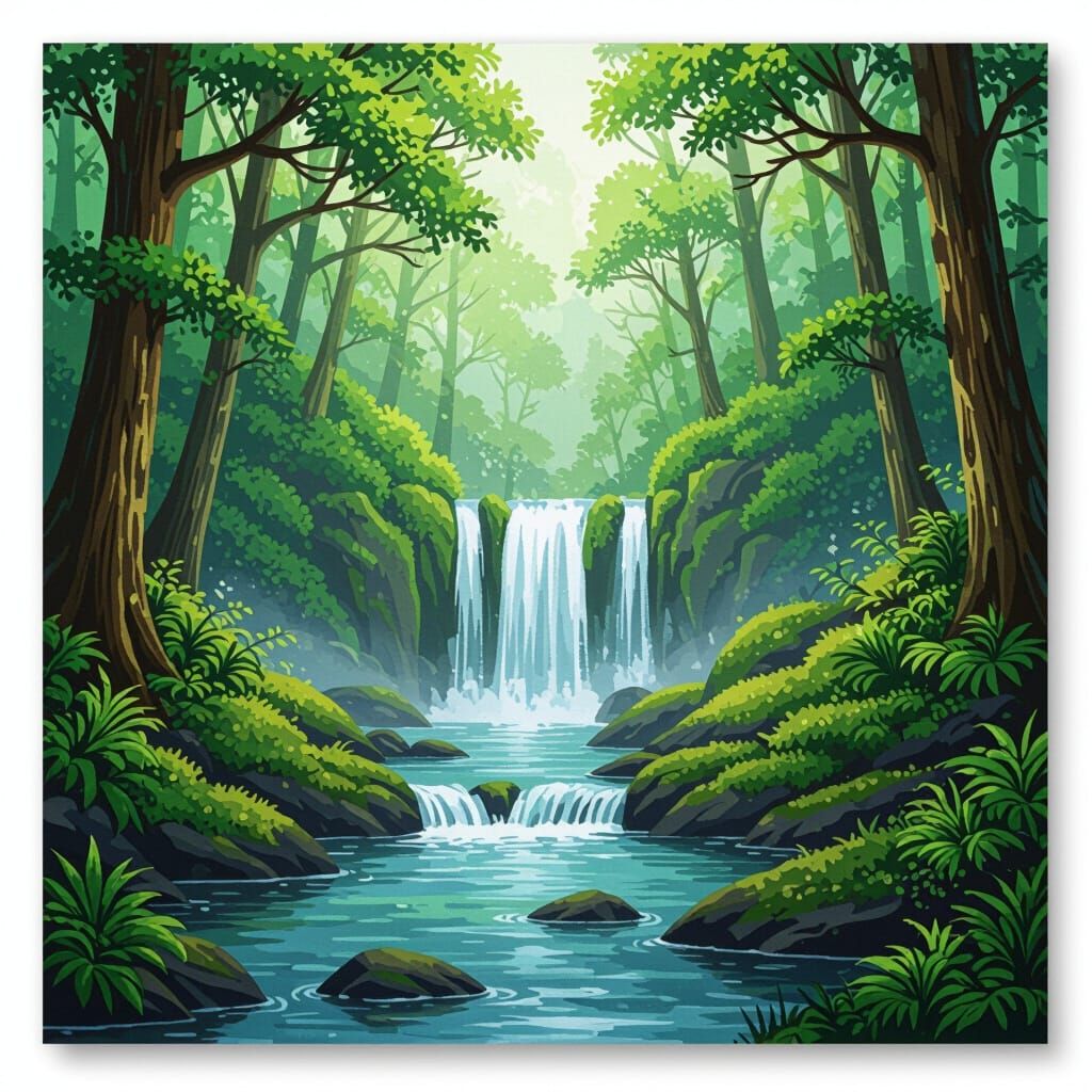 Serene Waterfall in Lush Forest Landscape