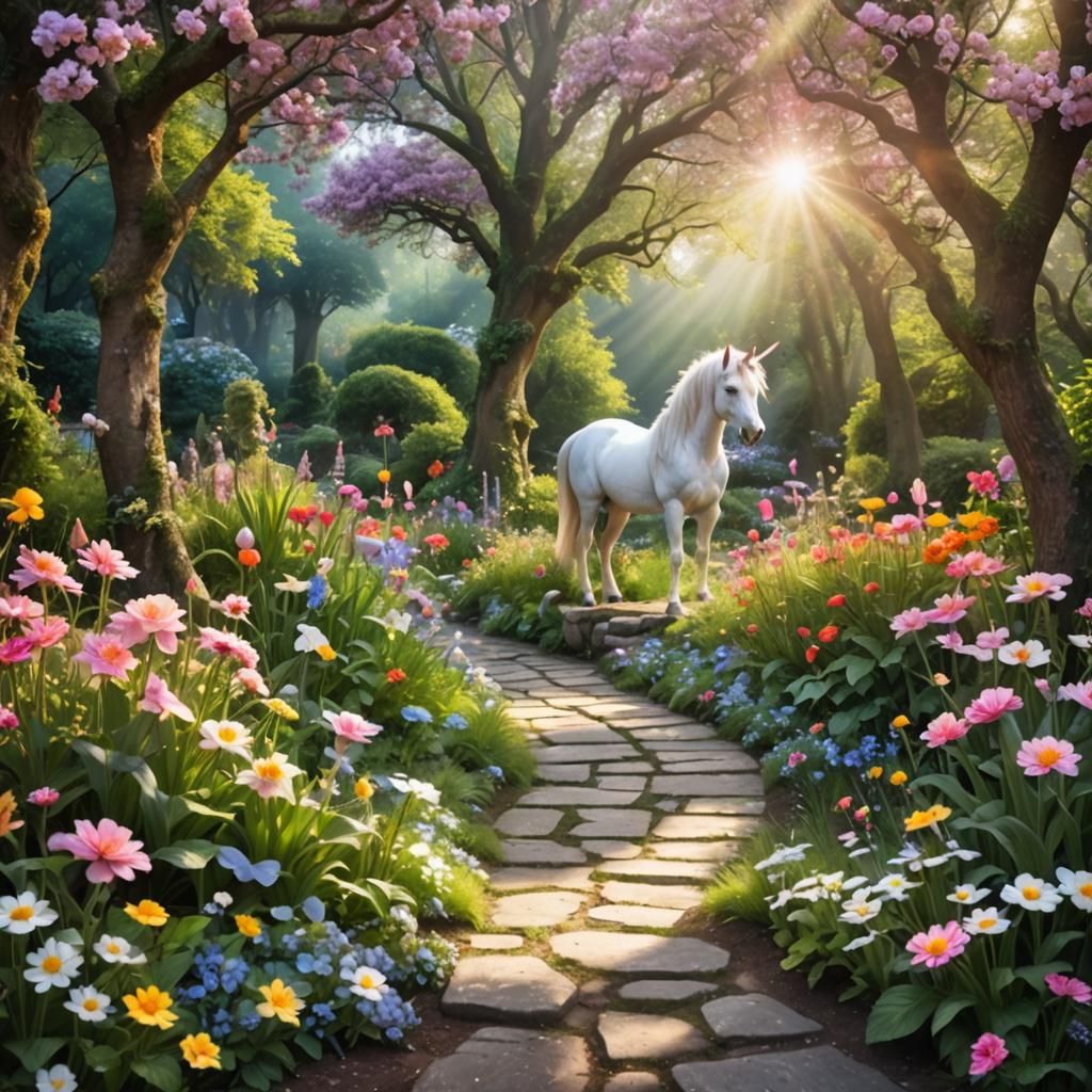 Enchanted Garden with Blooming Flowers and Fairy Lights