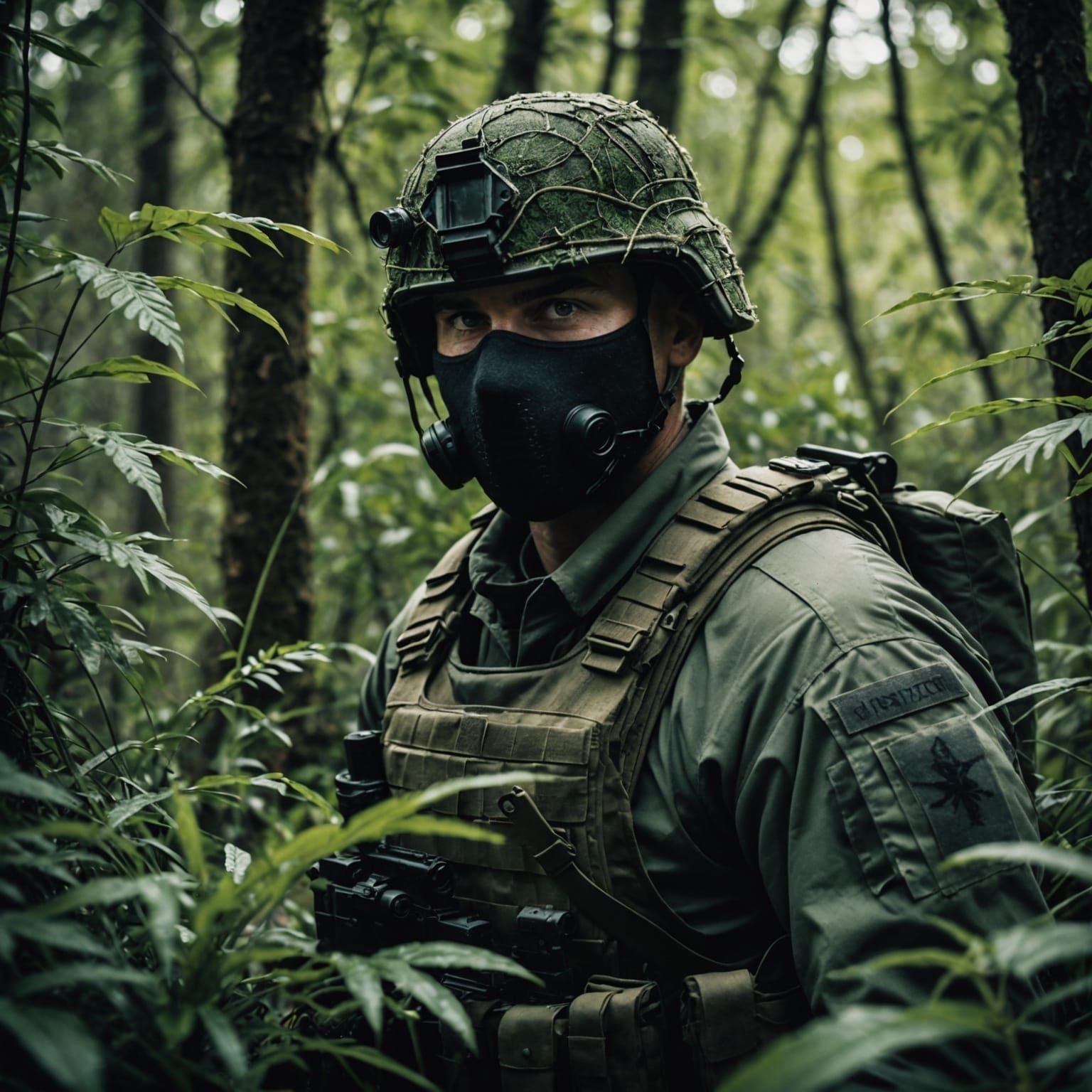 Camouflaged Soldier: A Cinematic Film Still