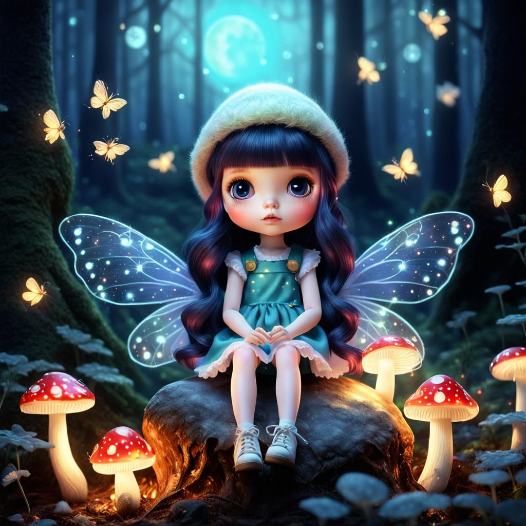 Fairy Blythe Doll on Mushroom in Moonlit Forest