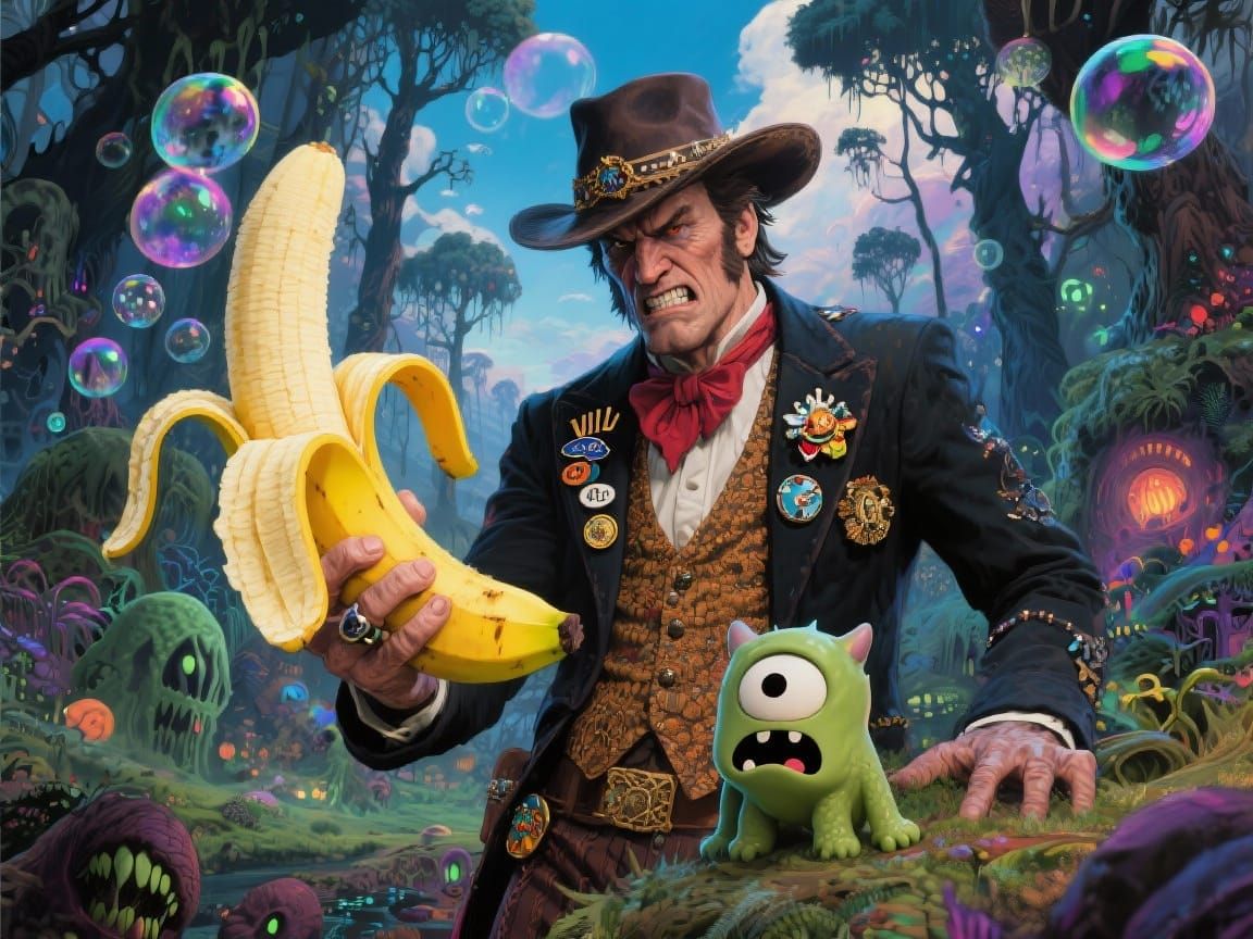 Chibi Monster Cower Before Banana Slinger in Surreal Landsca...