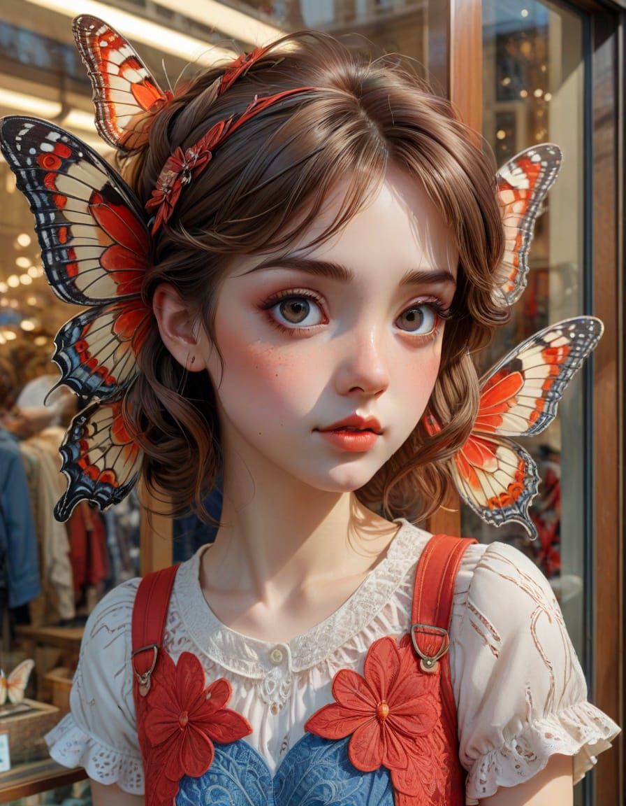 Art Nouveau Anime Butterfly Portrait with Red Shoes