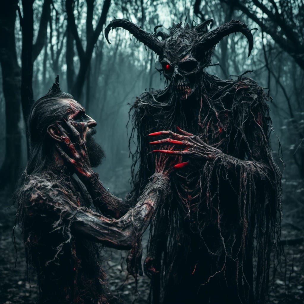 Feral Man Kisses Devil's Hand in Dark Woods
