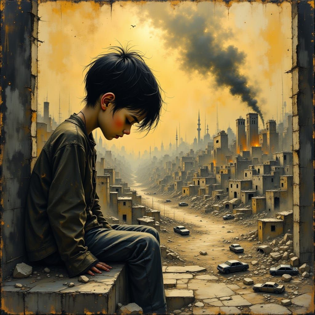 Child Dejected Amidst Ruined Cityscape