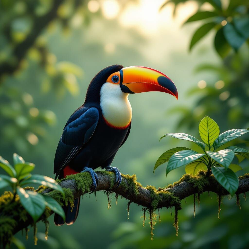 Photorealistic Toucan in a Misty Rainforest