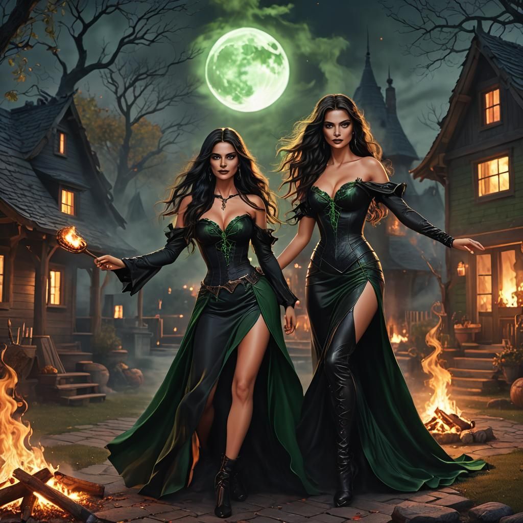 Witches Dancing by Firelight in Dark Fantasy Style