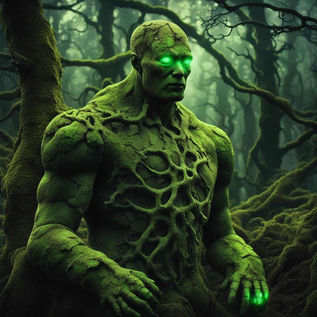 Mystical Forest Golem with Glowing Green Cracks