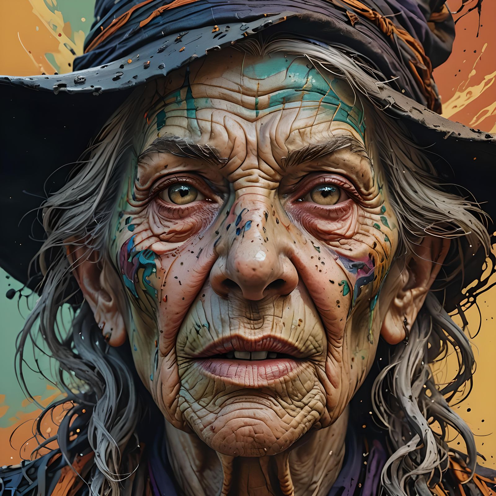 Photorealistic Portrait of an Old Witch in Splash Art Style
