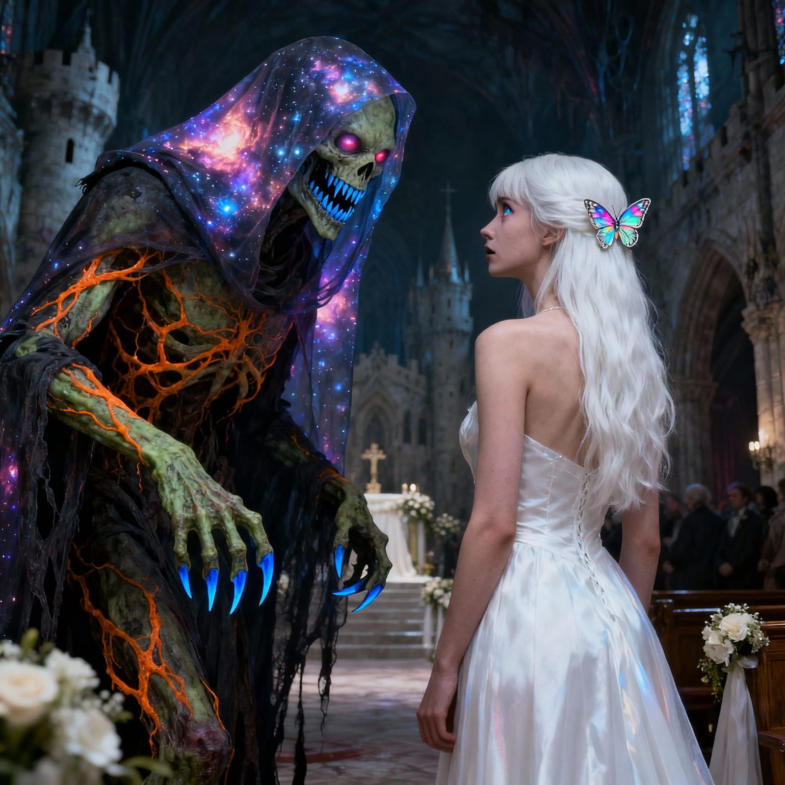 Gorgeous Woman in White Dress Gazes at Grim Reaper