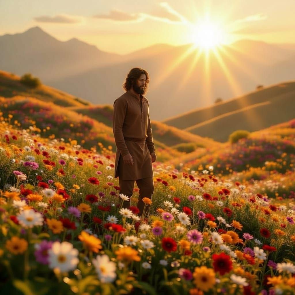Man on Floral Hill with Water Beads in Sunlight