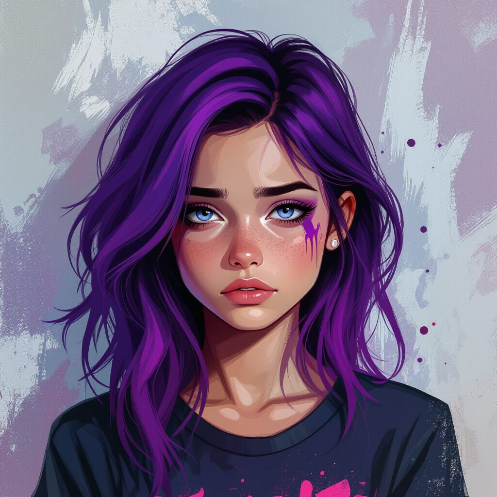 Girl with Purple Hair in Graffiti Street Art Style