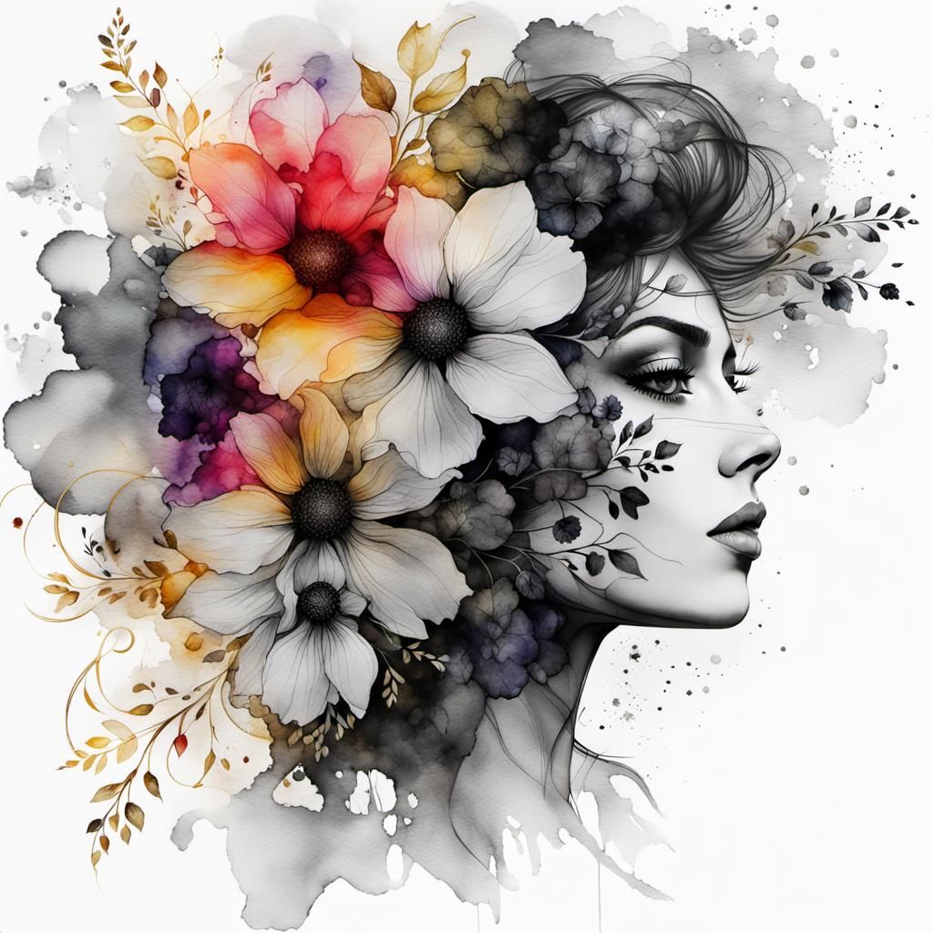 Watercolor Fusion: Woman and Flowers in Double Exposure