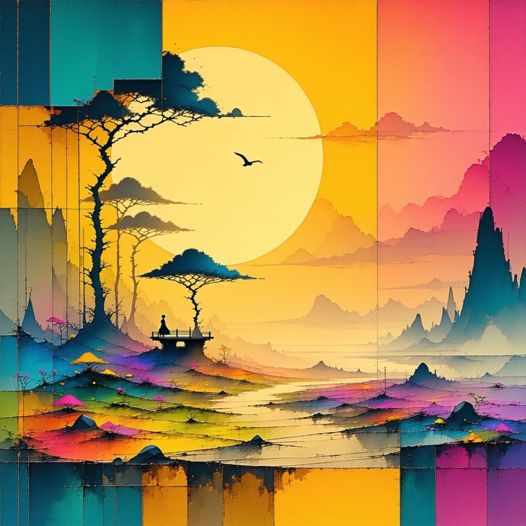 Surreal Landscape with Golden Light and Whimsical Elements i...