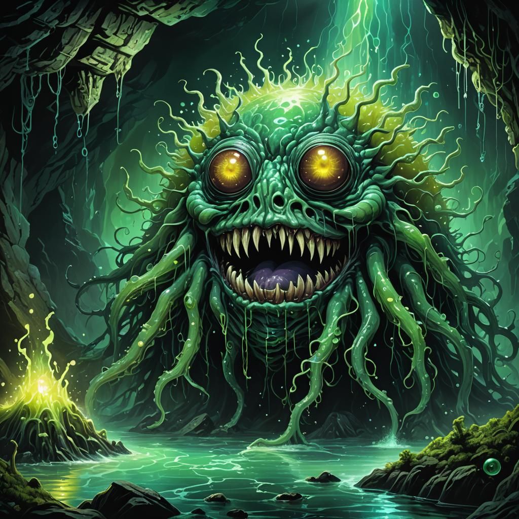 Ominous Beholder Shambles in Dark Cave Illustration