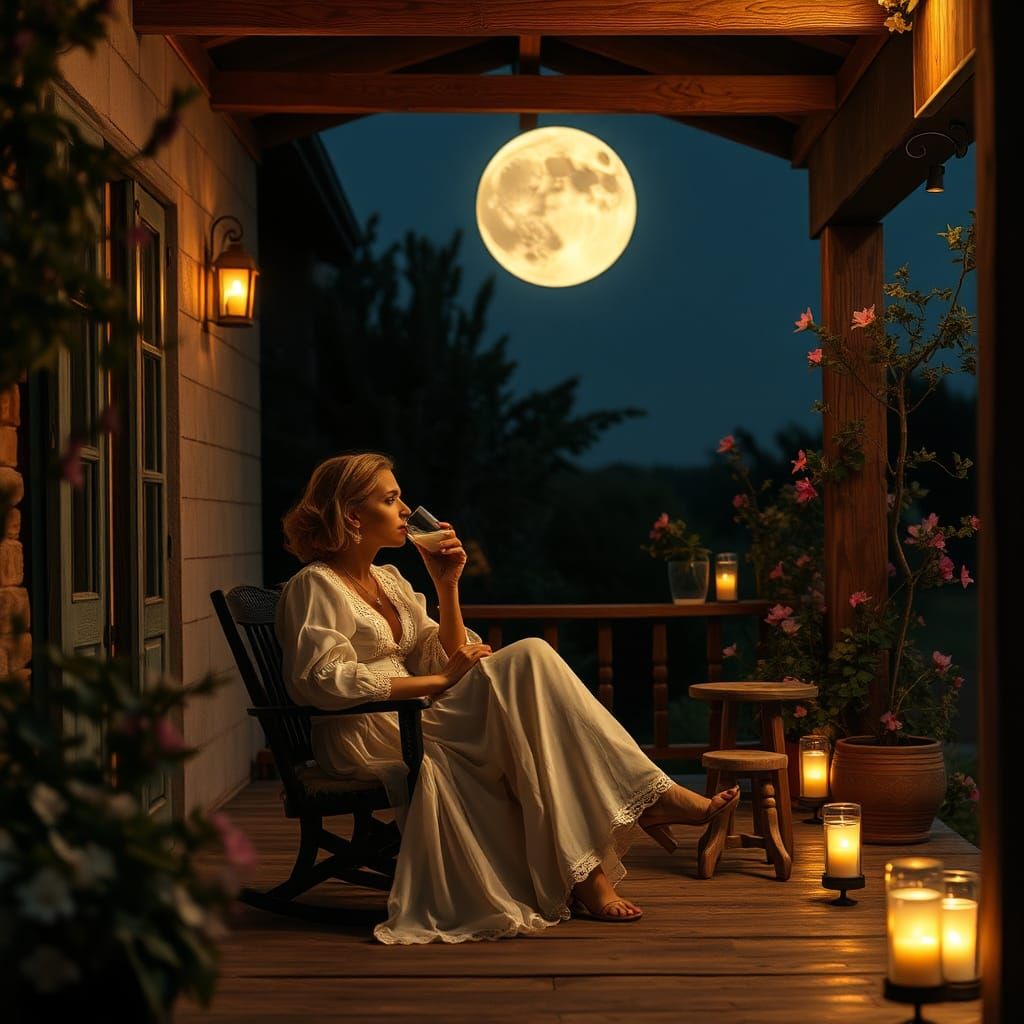Romantic Porch Scene in Moonlight: A Cinematic Still