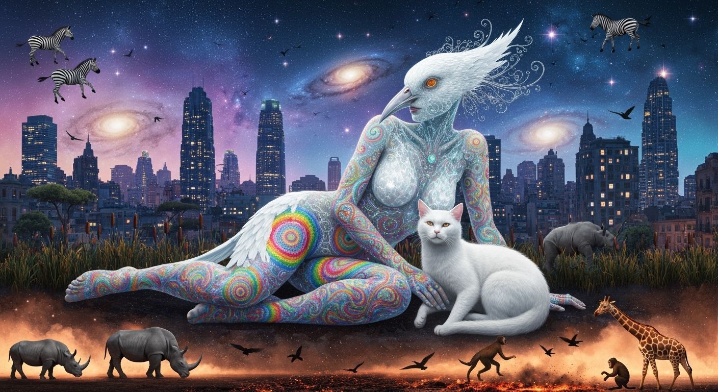 Ethereal Woman with Bird Head in Cosmic Gaudí Cityscape