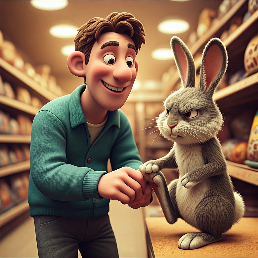 Humorous Man Rubs Rabbit's Foot for Good Luck