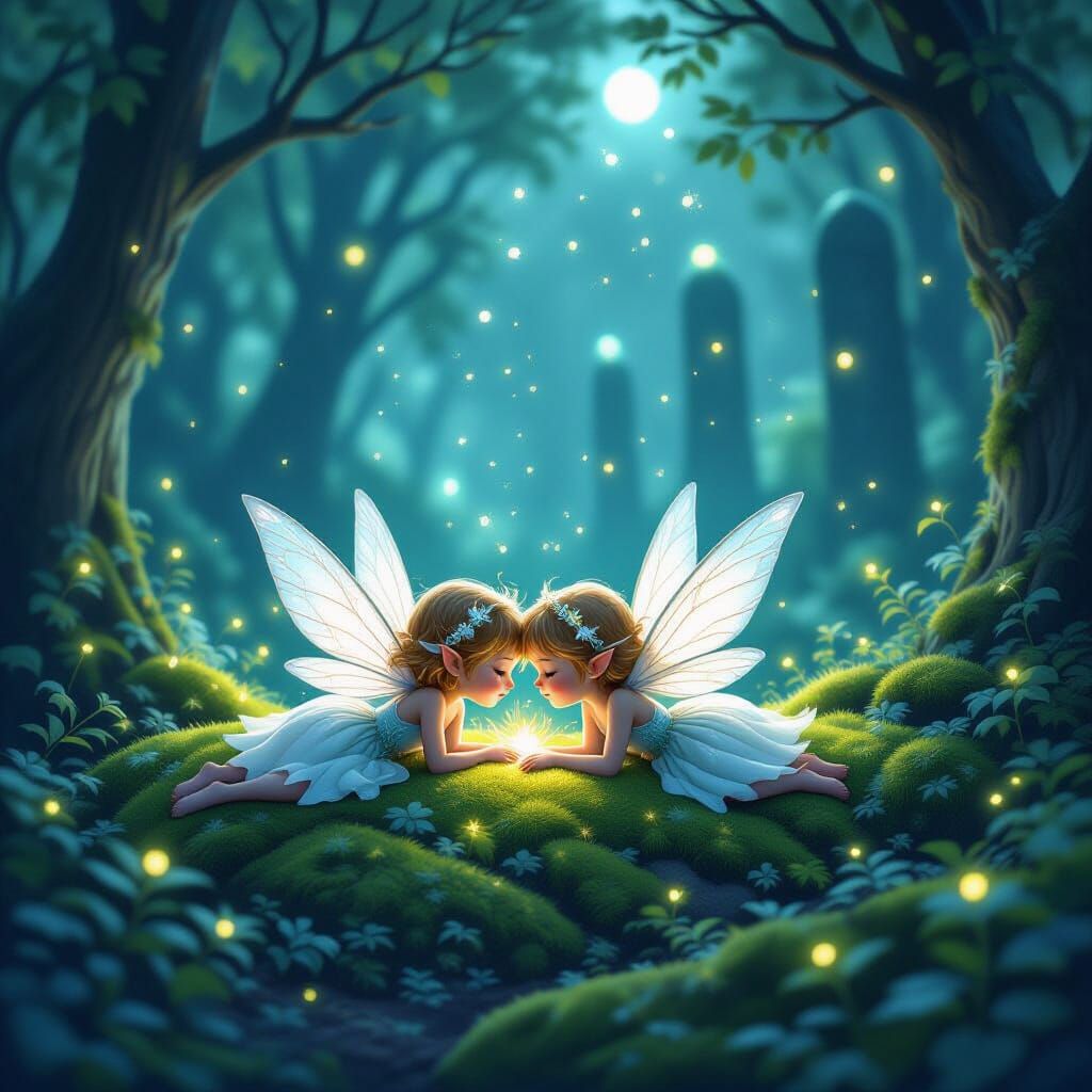 Magical Fairies in Glowing Forest at Night