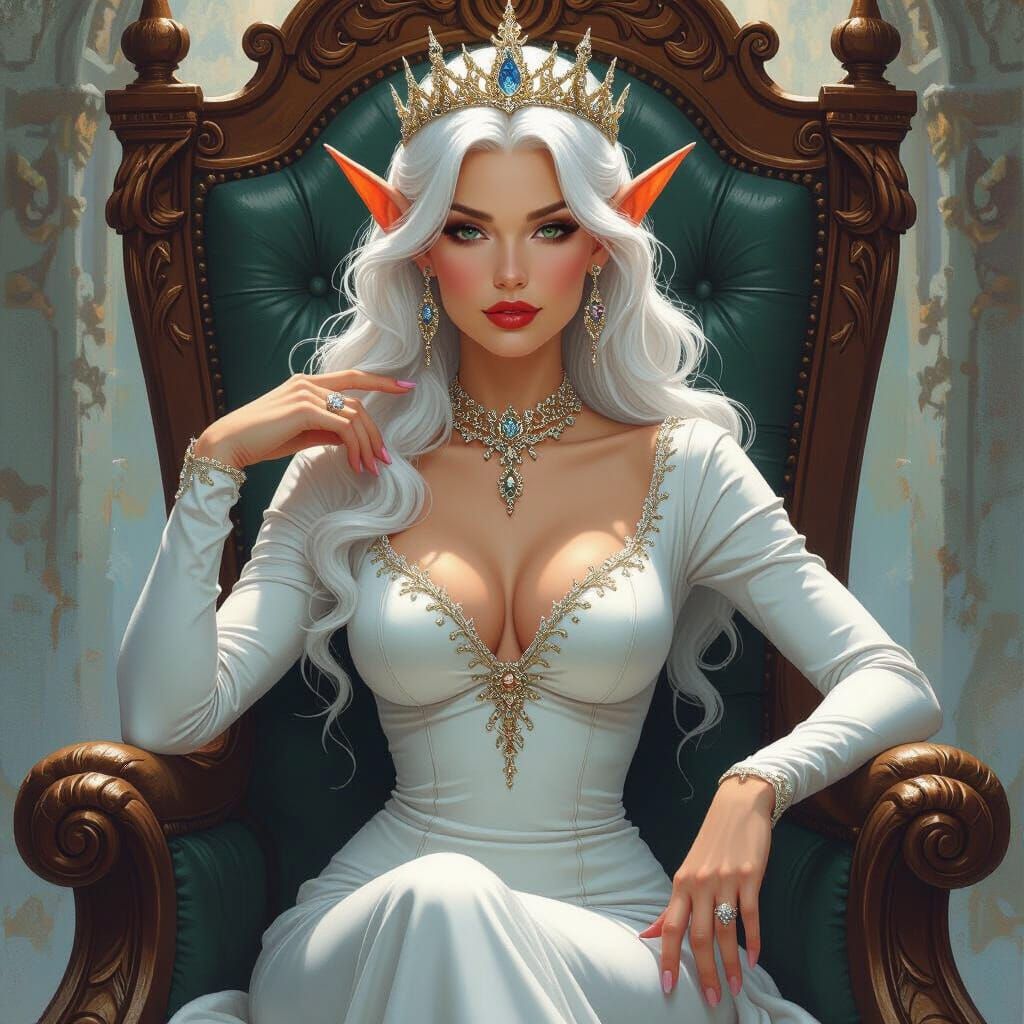 Elegant Elf Queen on Throne, in Fantasy Art Style